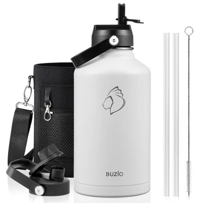 Buzio Duet Series Water Bottle with 2 Lids and Sleeve 1.9L - White